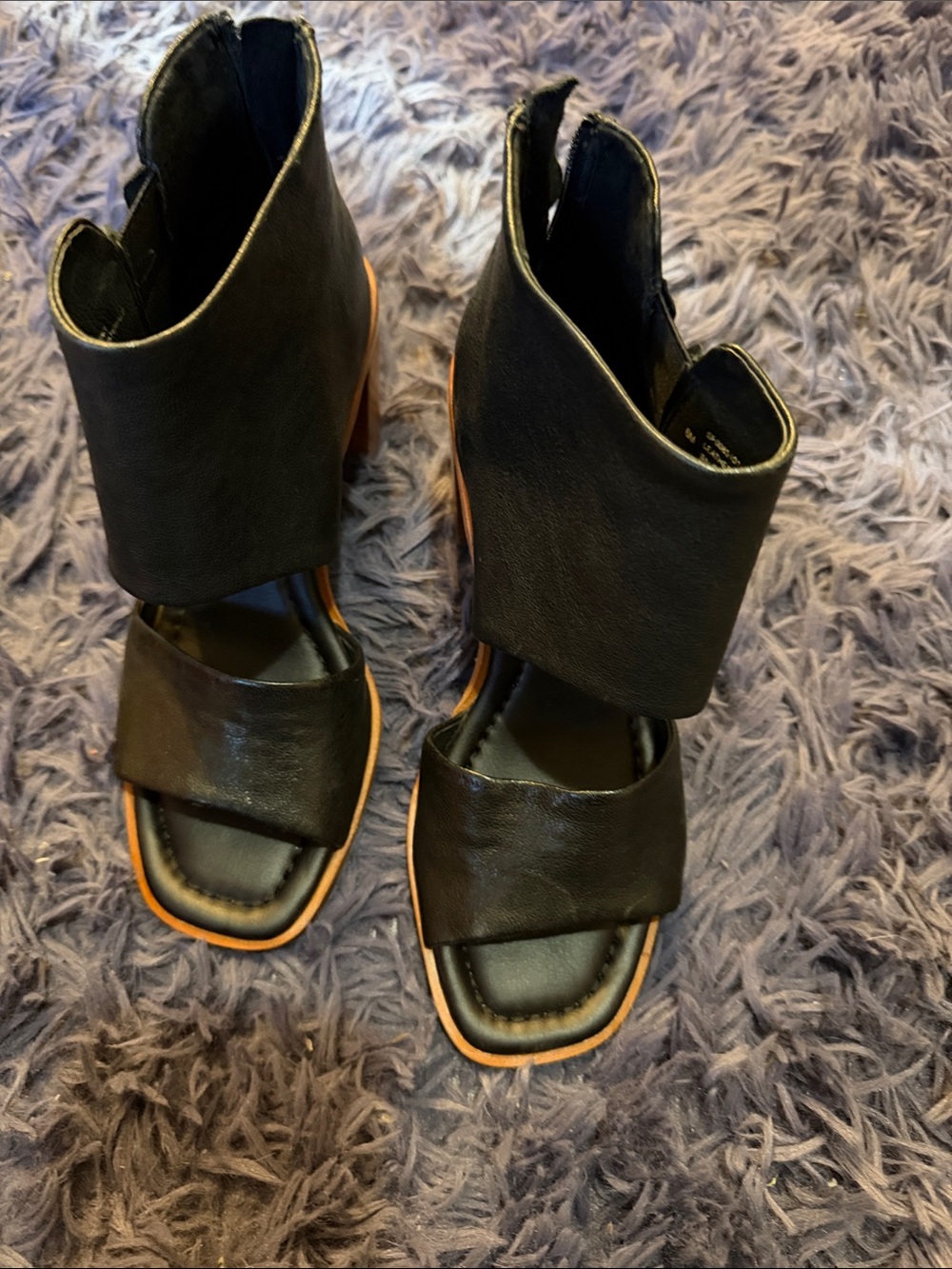 Sofft Black Open-Toe Leather Wrap Sandals with Tan Trim